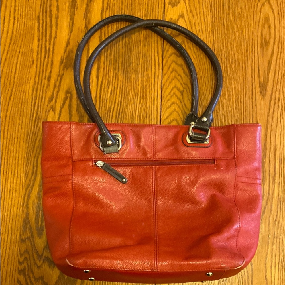 Tignanello Red and Black Leather Tote Bag with Silver Hardware
